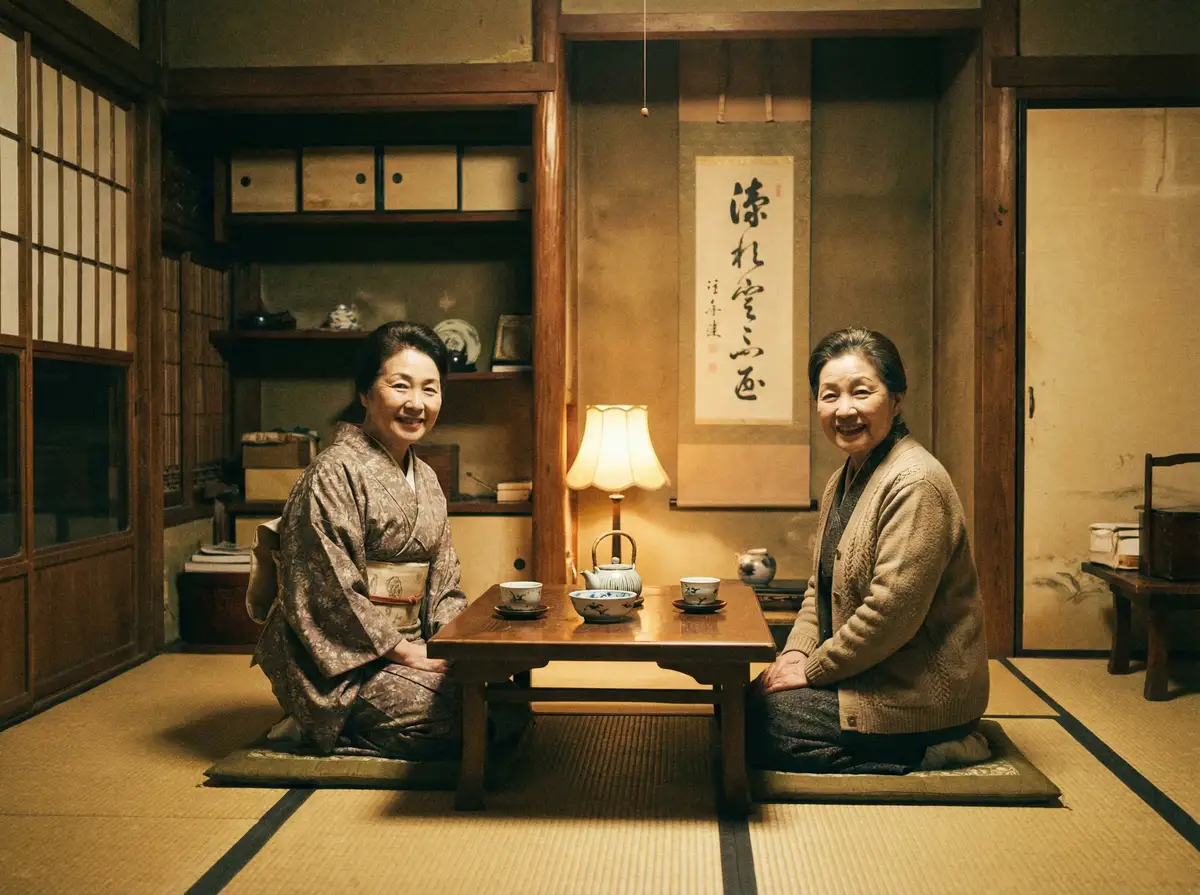 两位优雅的 贝投体育 平台 在日式茶室中品茶交谈